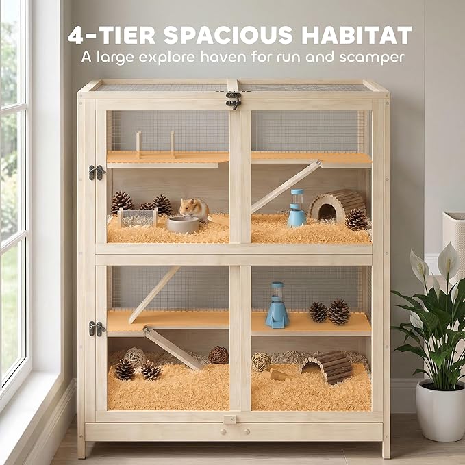 PawHut Wooden Hamster Cage, 4 Tier Small Animal Cage with Mesh Flip Roof, Pull-Out Tray, Huts, Seesaws, Ramps and Water Bottles, Hamster Habitat for Dwarf Syrian Mice Gerbil, 33" x 21" x 36"
