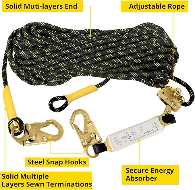 TRSMIMA Rope Harness Safety Lanyard：50ft Roofing Rope Fall Protection | Vertical Safety Harness Rope With Grab Snap Hooks Shock Absorber - Tree Climbing Line Kit Heavy Duty Safety Equipment ANSI CE