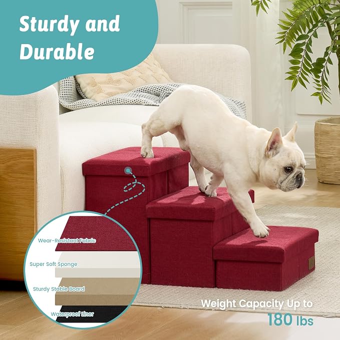 Dog Stairs with Storage, 3-Step Wider Sturdy Dog Steps for Small/Medium/Large Dogs and Older Cats, Folding Doggie Ramp for Bed/Couch/Car Hold Up to 180 lbs (16.7" H, Burgundy)