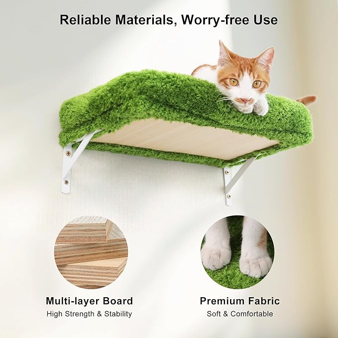 FUKUMARU Cat Wall Shelves, 4 in 1 Set, Green | Stable & Safe Cat Walls Furniture, Wooden Kitten Climbing Wall with Scratching Post for 16 Inch Drywall