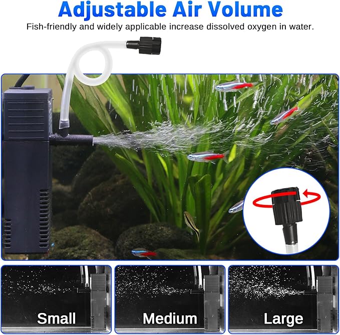 Aquarium Filter Small Betta Fish Tank Filter for 2-15 Gallon Silent 4-in-1 Adjustable Air Flow Fish Turtle Shrimp Tank Filter Submersible Aquarium Internal Filter 79 GPH Biochemical Rainwater