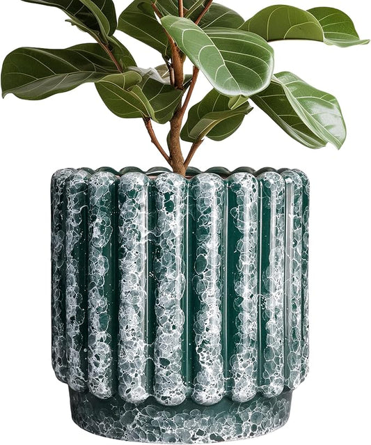 Ceramicfor 12 Inch Ceramic Indoor Planters, Green | Drainage Hole, Fluted Round Design, Indoor & Outdoor Use, Decorative Flower Pots