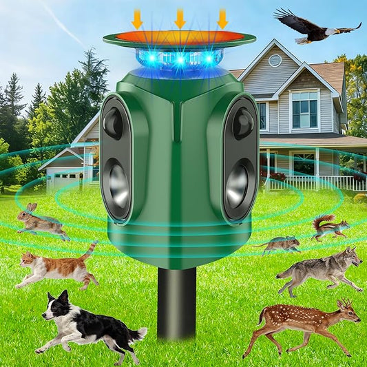 Ultrasonic Animal Repeller Outdoor - Cat Repellent Outdoor & Deer Deterrent with PIR Sensor, Solar Powered for 360° Protection Against Cats, Deer, Squirrels, Raccoons, Rabbits in Garden, Yard, Farm