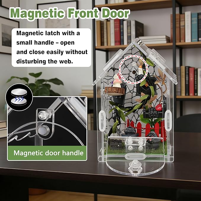 Jumping Spider Enclosure Kit, 22-Piece Acrylic Terrarium with Gothic Furniture & Magnetic Feeding Door, Clear 360 View Small Spider Habitat for Tarantula Mantis Beetle Scorpion