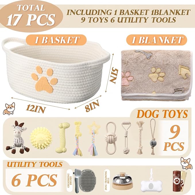 Zopeal 17 Pcs Summer Puppy Gift Set, Dog Toy & Essentials Bundle with Chew Toys, Poop Bag Dispenser, Grooming Brush, Training Bell, Blanket & Rope Basket(Beige,Sheep)