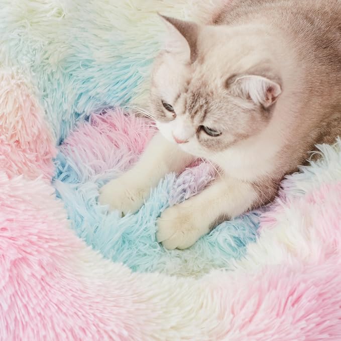 Western Home Calming Donut Cat Bed Small Dog Bed Washable,20" Rainbow | Fluffy Faux Fur Round Cuddler,Anti-Anxiety,Anti-Slip Bottom,Self-Warming Pet Bed for Small Dog&Kitten&Puppy,Up to 12 LBS