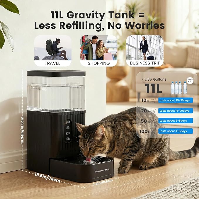 Gardner Pet 2.9 Gallon Automatic Dog Water Bowl Dispenser 11L Gravity Water Feeder with Stainless Steel Bowl & Maifan Stone Filter, BPA-Free for for Cats and Dogs (Black, 2.9 Gallon)