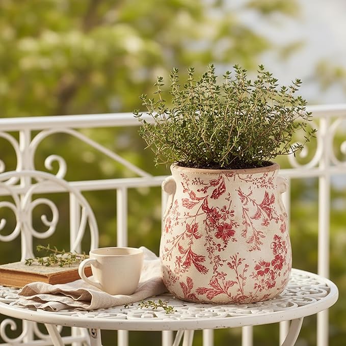 Antique Ceramic Planter & Vase for Home Decor, Rustic Farmhouse Flower Pot | 6.68 Inch Indoor Decorative Plant Pots, Vintage Ornament, Perfect for Bookshelf & Tabletop, Unique Gifts for Women, Red