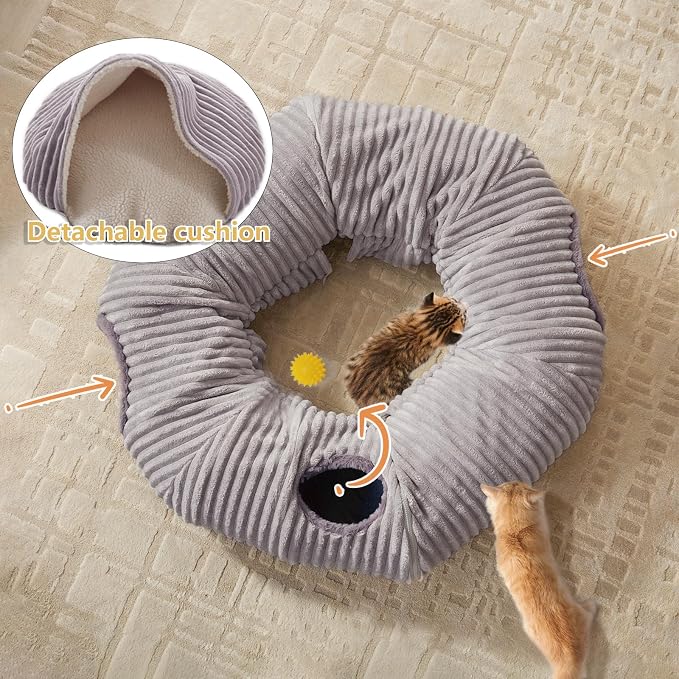 Cat Tunnel Bed for Indoor Cats - Cute Cat Donut Tunnel with Washable Circle Cushion and Blackout Tent Round Pet Play Toy for Kitten/Puppy/Rabbit, Grey