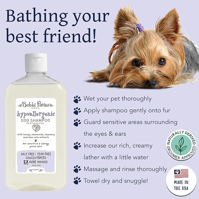 Bobbi Panter Hypoallergenic Dog Shampoo Honey, Aloe Vera, Chamomile & Rosemary – Dye & Fragrance Free Natural Formula for Sensitive & Allergy Skin, Tear-Free, 30:1 Concentrate, 14 oz (Case of 12)