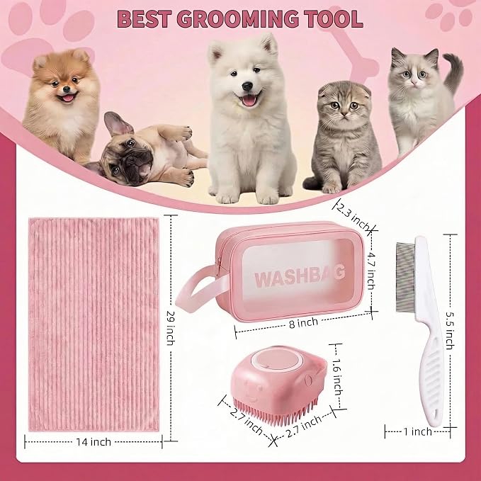 4PCS Dog Bath Kit & Dog Brush Kit for Dogs & Cats - Professional Pet Grooming Tools Set with Shedding Brush, Bath Scrubber, Dematting Comb & Storage Bag - Complete Dog Washing Essentials, Pink