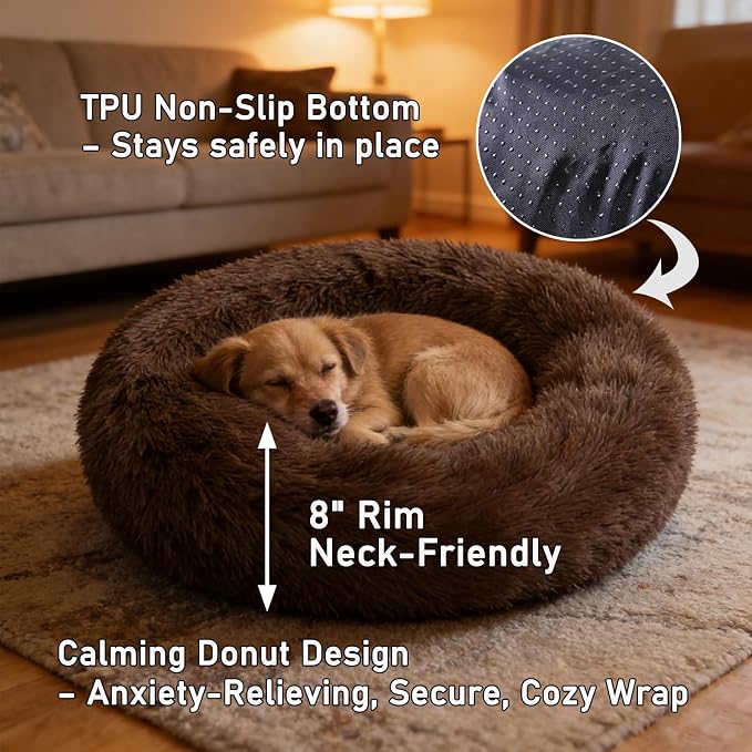 Calming Donut Dog Beds Large Sized Dog - Washable Removable Cover Non-Slip, Round Pet Bed Warming Fluffy Plush Faux Fur Anti-Anxiety Thick Cushion, Fits up to 80 lbs (Coffee, 36")
