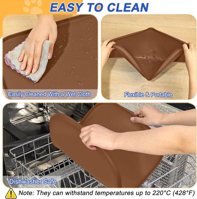 SMILOOL Waterproof Silicone Pet Food Mat with Raised Edge for Dog & Cat | 19" x 12" Non-Slip Pet Feeding Mats with Lip for Food & Water Bowl, Food Grade, Easy Cleaning, Brown