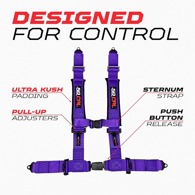 1pc 50 Cal Purple 4 Point Harness 2in Straps, Racing Harness Seat Belt | Ultra Kush padding, Push Button quick release hardware. Universal Fit for UTV, RZR, race car.