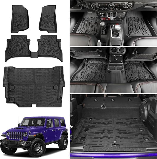 Cargo Mat with Floor Liner Compatible with 2021-2025 Jeep Wrangler JL Unlimited 4XE 4 Door, Cargo Liner TPE Floor Mat for 2024 Jeep Wrangler JL/JLU Accessories(Cargo Mat+Floor Mat)