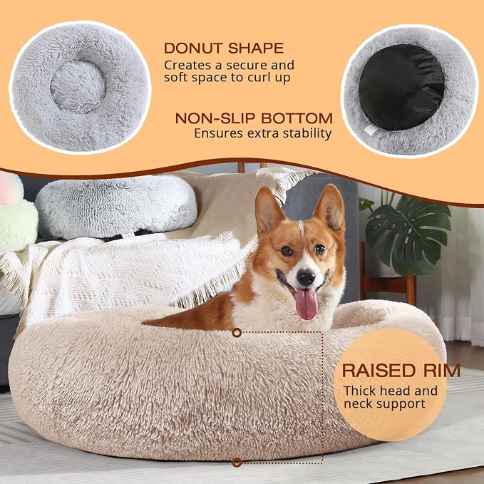 JOLLYVOGUE Dog Beds Large Sized Dog, 36 inches Calming Soft Anti-Anxiety Donut Dogs Bed, Washable Round Fluffy Cushion for Large Pets, Fits up to 80 lbs Pets