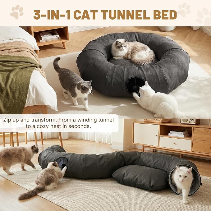 Extra Large Cat Tunnel, Cooling Natural Linen Big Tunnel for Cats 47.2in | Multi-Cat Family Long Cat Tunnel Bed with Washable Mat, Breathable & Durable Big Cat Tunnel for Cats, Dark Grey