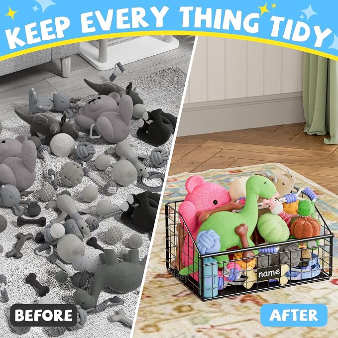 Kaiferty Indestructible Dog Toy basket, Small Toy Box for Dogs, Pet Toy Bin Dog Metal Basket for Toys, Toy Storage Organizer, Cat Toy Box for Living Room Area(Black)