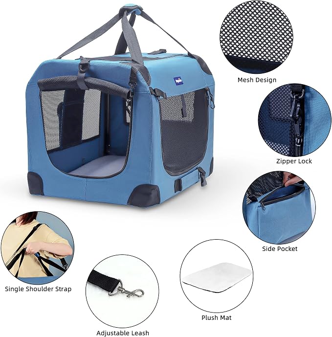 Petprsco Portable Collapsible Dog Crate, 24" Soft Dog Crate for Car Travel | Includes Mat, Blanket & Bowl, Strong Fabric, 4-sided Mesh Vents, 3 Doors, Fit Small Dogs & Large Cats Indoor and Outdoor Use
