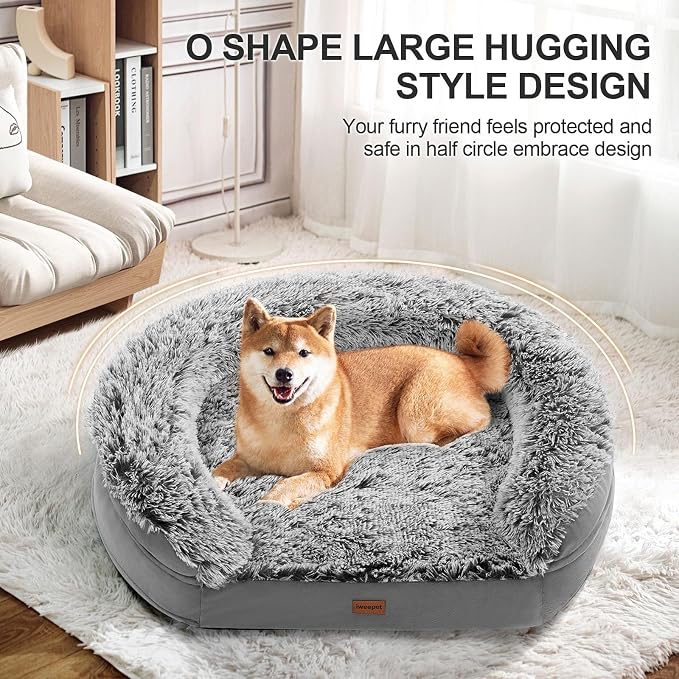 iweepet Fluffy Calming Orthopedic Dog Beds for Medium & Large Dogs, Supportive Dog Sofa Bed with 3.7 inch 28D Egg-Crate Foam, Removable Washable Plush Cover, Waterproof Lining, 41'',Grey