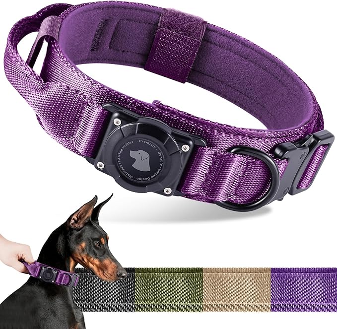 2026 Upgrade Waterproof AirTag Dog Collar, Military Tactical Dog Collar with AirTag Holder, Comfortable Control Handle and Metal Buckle, GPS Dog Collar Holder for Medium to Large Dogs (Purple, XL)
