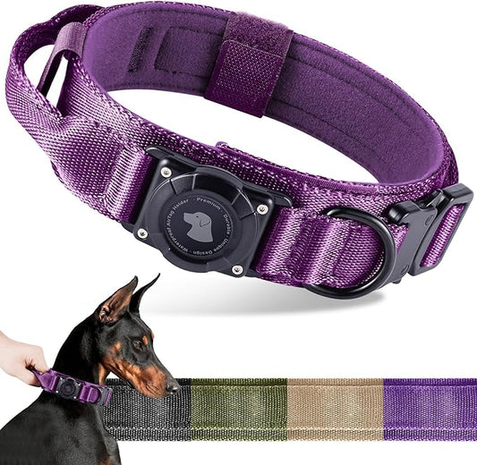 2026 Upgrade Waterproof AirTag Dog Collar, Military Tactical Dog Collar with AirTag Holder, Comfortable Control Handle and Metal Buckle, GPS Dog Collar Holder for Medium to Large Dogs (Purple, XL)