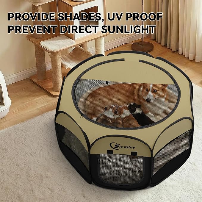 Siedihit Dog Cat Playpen, Medium Puppy Pet Playpen, Dog Crate Tent Cage | Indoor/Outdoor, Portable Pop Up Dogs Kennel Playpen with Carrying Case for Dogs/Cats/Rabbits(Black Khaki, Medium)