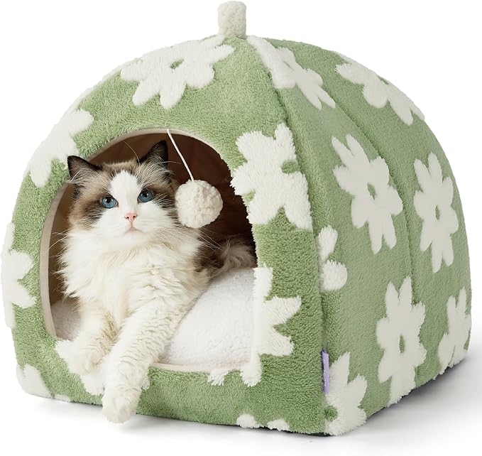 Lesure 2in1 Cute Cat House for Kitten with Washable Cushioned Pillow,17.3in | Cat Beds for Indoor Cats,Small Pet Cave Tent,Cozy Enclosed Foldable Hideaway,Fluffy Ball,Anti Slip Bottom,Hand Strap,Green