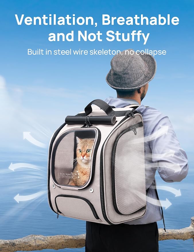 Pecute Cat Backpack Carrier,Large Space Cat Bubble Backpack,Ergonomic,Khaki | Sunshade Curtain,Transparent Window,Safety Rope,Sturdy,Large Mesh on Both Sides for Breathability,Suitable for Outdoor,Vet