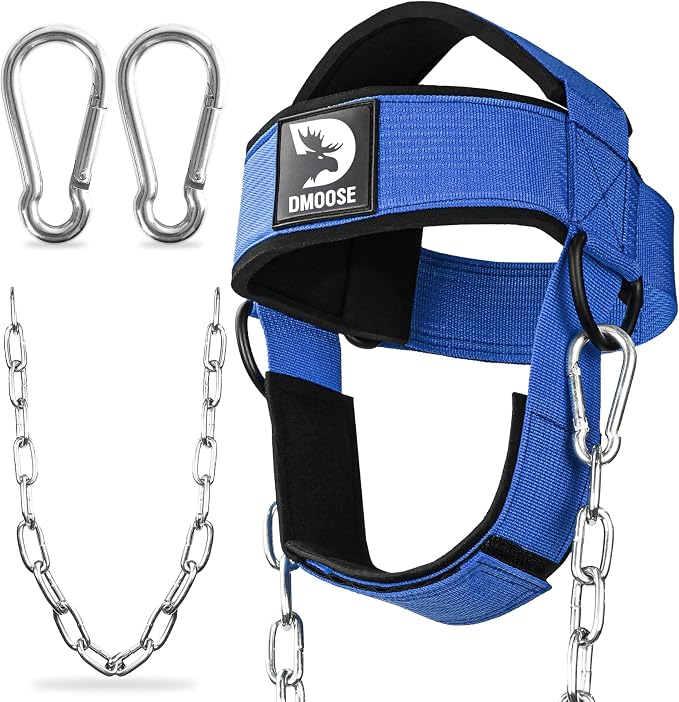 DMoose Fitness Neck Harness for Weight Lifting - Soft Padded Head & Chin Strap with 30" Heavy Duty Steel Chain - Neck Exerciser, Trainer & Strengthener to Support Injury Recovery and Intense Workouts
