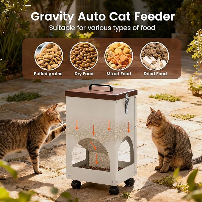 Automatic Cat Feeder for 4 Cats 5L Auto Cat Food Dispenser with Wheels for Puppies and Kittens, Multiple Cats Feeder Outdoor Large Capacity Galvanized Steel Gravity Pet Feeding Station