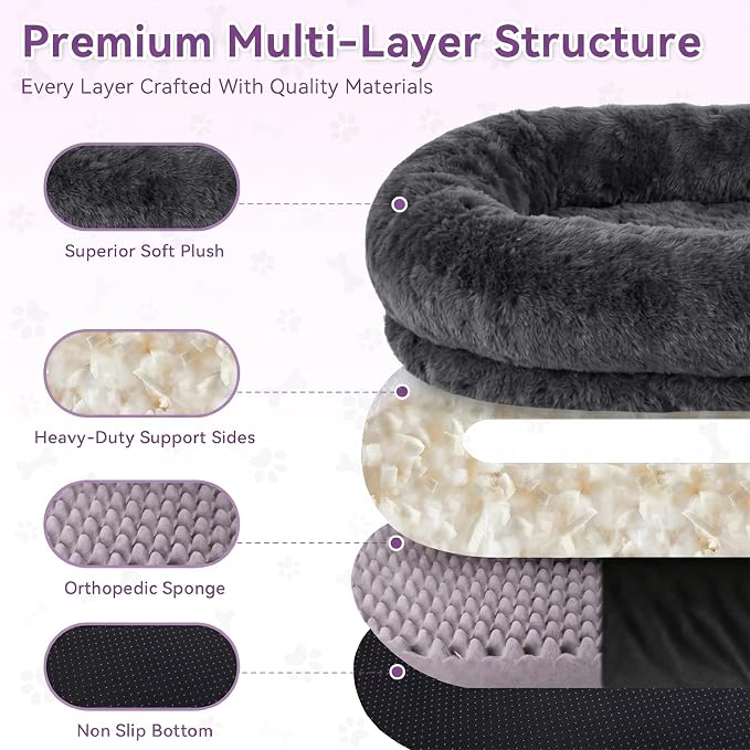 Dark Grey Human Dog Bed - 71''x45''x12'' Size Fits You and Pets | Washable Faux Fur Pet Bed for People Doze Off, Napping Orthopedic Dog Bed, Present Plump Pillow, Blanket, Strap