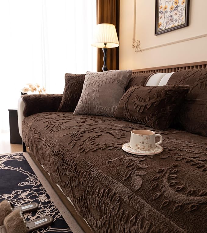 Fuzzy Rabbit Plush Sofa Cover Cozy Warm Sofa Couch Covers with 3D Jacquard Leaf Pattern Non-Slip Easy-to-Install Shaggy Sofa Slipcover Prefect for Kids Dogs Cats Cats(Caramel,36"x70")