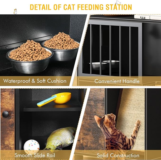 Dog Proof Cat Feeding Station, Cat Feeding Station, Pet Food Storage, Black | Raised Bowls for Indoor Cats, Elevated Food Bowls with Stand, Scratching Board, Stainless Steel Bowls