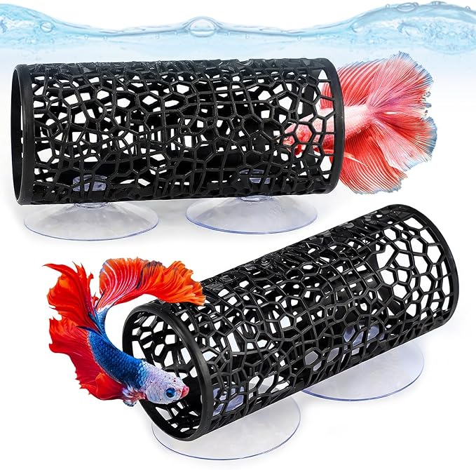Betta Fish Tank Accessories, 2 Pcs Black Tunnel Cave with Suction Cups, Hollow Hammock Hideout Tube Shelter for Small Fish Shrimp Guppies
