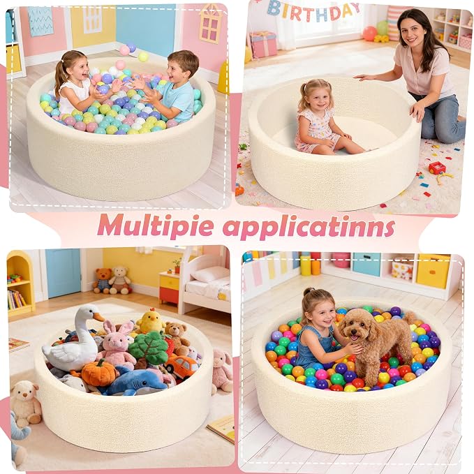Imitation Teddy Colours Foam Ball Pits 35.4"x 11.8" Soft Round Playpen for Toddlers Dogs Cats with Soft Memory Sponge Indoor and Outdoor Game Beige(Balls not Included)