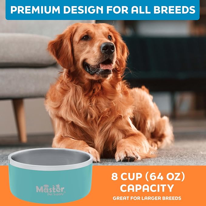 Master Pet Supply Stainless Steel Dog Bowls - 64 oz, Heavy Duty - Aqua Sky, Double Wall Extra-Thick Insulated, Non-Slip Pet Water Bowl for Dogs, Cats & Pets, Anti Rust Metal, Dish Washer Safe