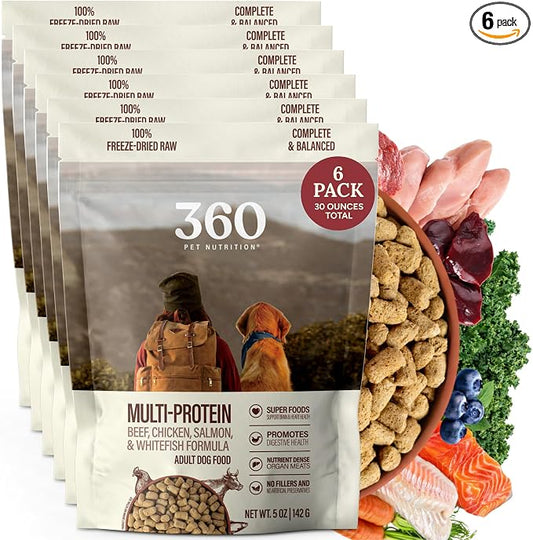 360 Pet Nutrition Freeze-Dried Raw Dog Food – Multi-Protein with Beef, Chicken, Fish, Liver & Organs, High Protein Omega-3s Fruits Veggies & Superfoods Grain-Free, No Fillers, 6 x 5 oz – Made in USA