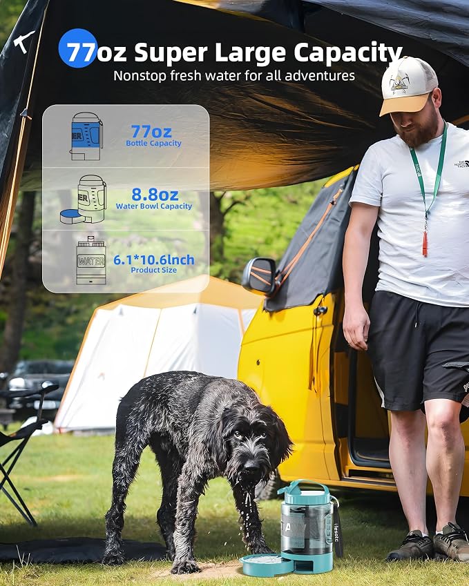 lesotc Portable Dog Water Bowl Dispenser - 77oz Travel Water Bottle with Pop-Out Drinking Bowl, No-Spill Design for Camping, Hiking & Car Rides - Keep Your Dog Hydrated Anywhere, LightBlue