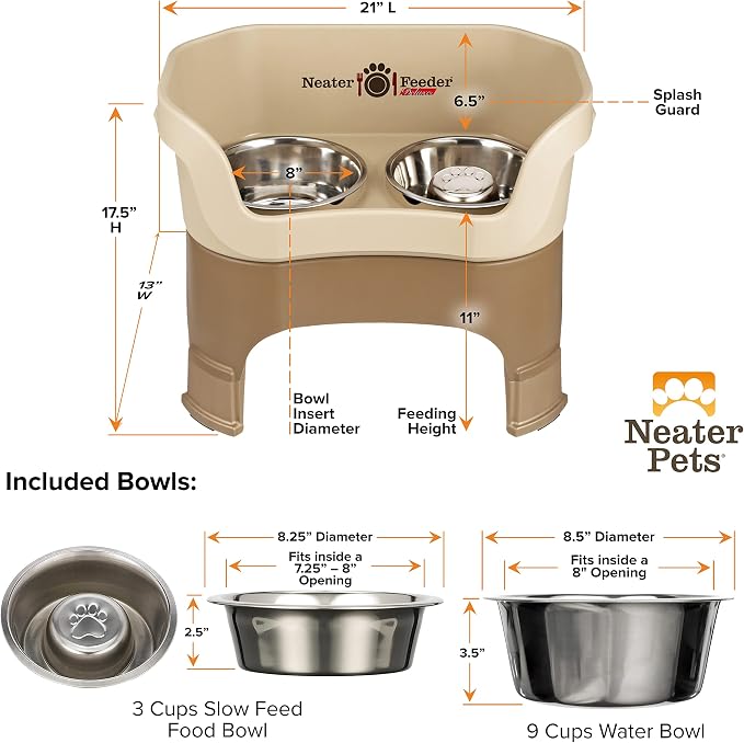 Neater Feeder Deluxe Mess-Proof Elevated Dog Bowls for Large Dogs (40+ lbs), 2 Height Adjustable (14.5” & 17.5”) No-Spill Raised Dog Bowl Stand w/Slow Feed Bowl for Food, Made in USA, Cappuccino