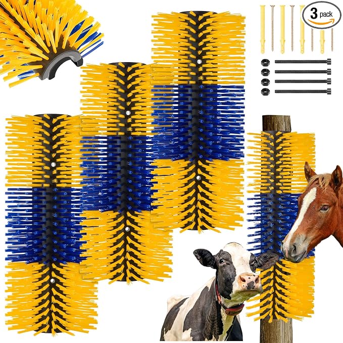 3 Pack Livestock Scratching Brush, Blue and Yellow | Animal Scratcher, Itch Relief Grooming, Horse Goat Cow Scratcher, Fence Post Mounting, Durable Bristles, Farm Livestock Care