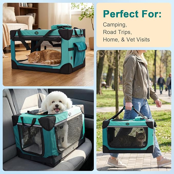 Ownpets Extra Large Cat Carrier for 2 Cats Small Dogs, 24 Inches Collapsible Soft Dog Crate for Car Travel, Portable Pet Carrier with Soft Mat | Foldable, Portable, 4-Doors, 4-Side Mesh Windows, Steel Frame Oxford Cloth, Soft Cushion Mat, Leash, Easy S...