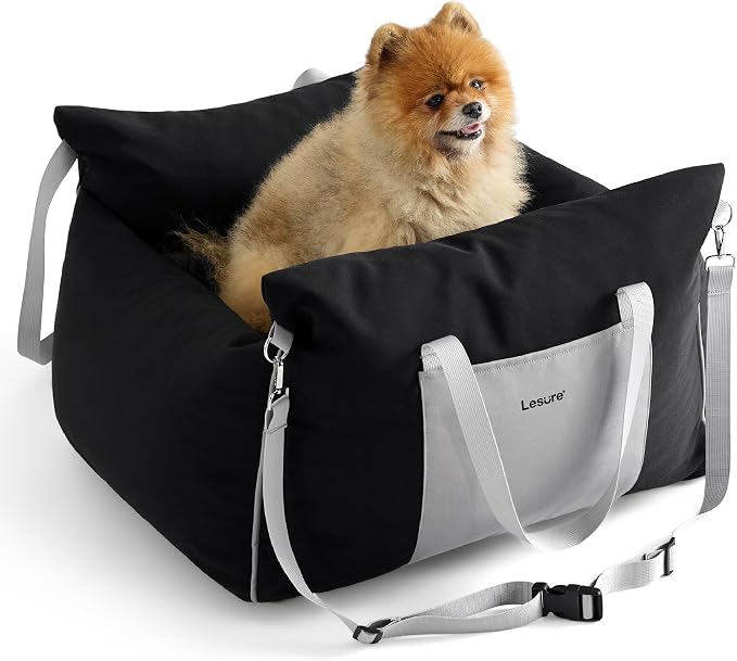 Lesure Dog Car Seat for Small Dogs,Booster Car Bed for Puppy Under 25lbs | Soft Pet Carseat with Clip-On Safety Leash and Thickened Memory Foam Filling,Dog Travel Carrier Bed with Storage Pocket,Black