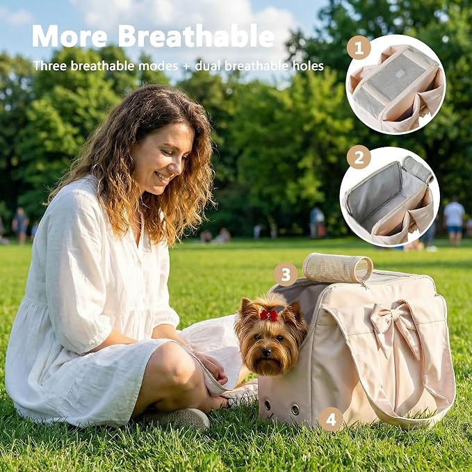 Fashion Dog Purse Carrier for Small Dogs, Soft-Sided Dog Bag Carrier with 4 Large Pockets, No Collapse, Lightweight, Smart Zipper Lock, Comfortable Puppy Cats Rabbit Carrier for Travel,Outdoor(Beige)