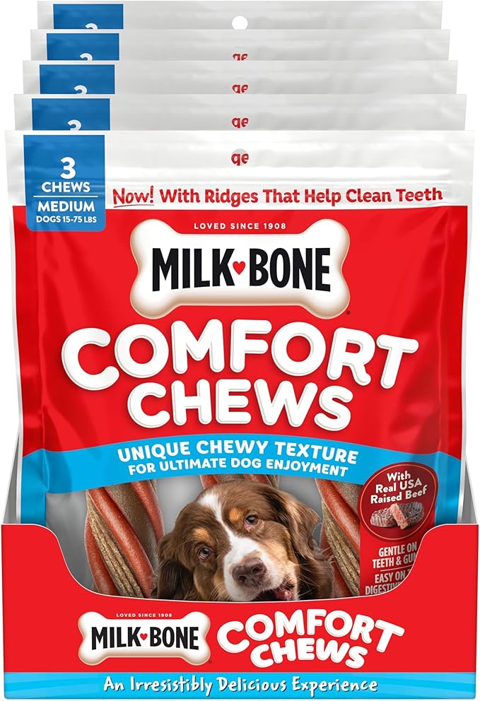 Milk-Bone Comfort Chews, Dog Treats with Unique Chewy Texture and Real Beef, 3 Chews (Pack of 5)