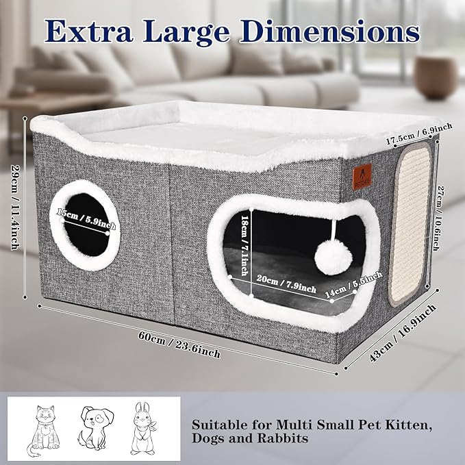 Extra Large Cat Beds for Indoor Cats, Covered Cat Cave Beds & Furniture with Scratch Pad and Fluffy Ball, Foldable Cat Condo Hideaway with Reversible Cushion for Multi Small Pet Large Kittens, Grey