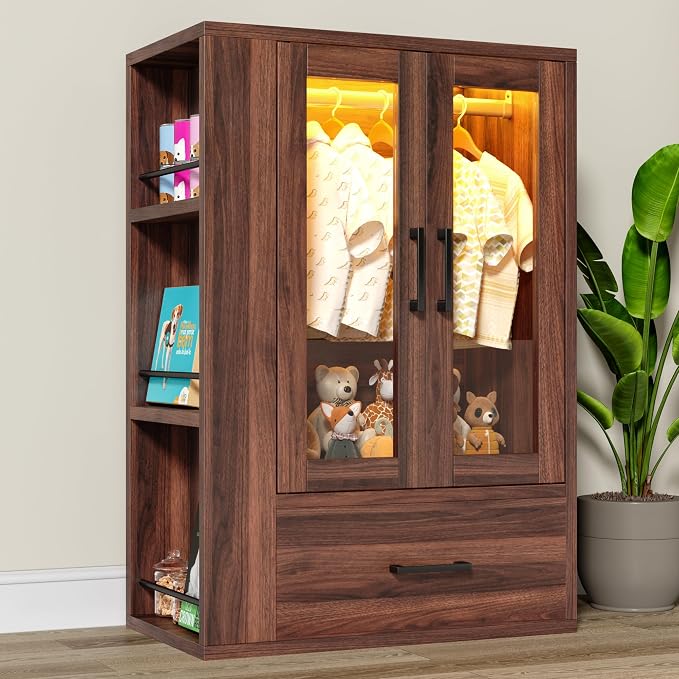 kepptory Pet Wardrobe Closet with LED Light, Side Storage Shelves & Drawer, Walnut Pet Clothes Organizer Cabinet with Hanging Rod, Multi-Functional Pet Closet for Dogs & Cats Clothing, Toys | Walnut Pet Clothes Organizer Cabinet with Hanging Rod, Multi...