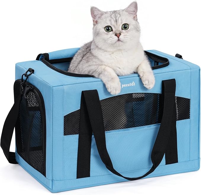 Pecute Cat Carrier Stable, Pet Carrier with Privacy Partition,Light Blue | Safe For Car Travel, Stable Steel Frame, Soft-Sided Pet Carrier Bag For Dogs And Cats Up To 11lbs, Foldable Design.