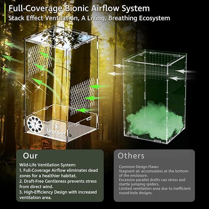 Jumping Spider Enclosure, Front-Opening Acrylic Spider Terrarium with Magnetic Door,Laser-Cut Biomimetic Ventilation System, Escape-Proof for Feeder Insects (6.5"x6.5"x12")