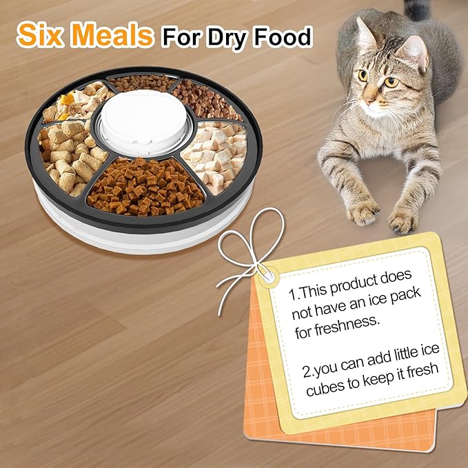 Automatic Cat Feeder for Dry Food,Supplement & Treats， 6 Compartment Timed Cat Food Dispenser for Cats and Small Dogs，No Ice Needed Automatic Dog Feeder(Black)